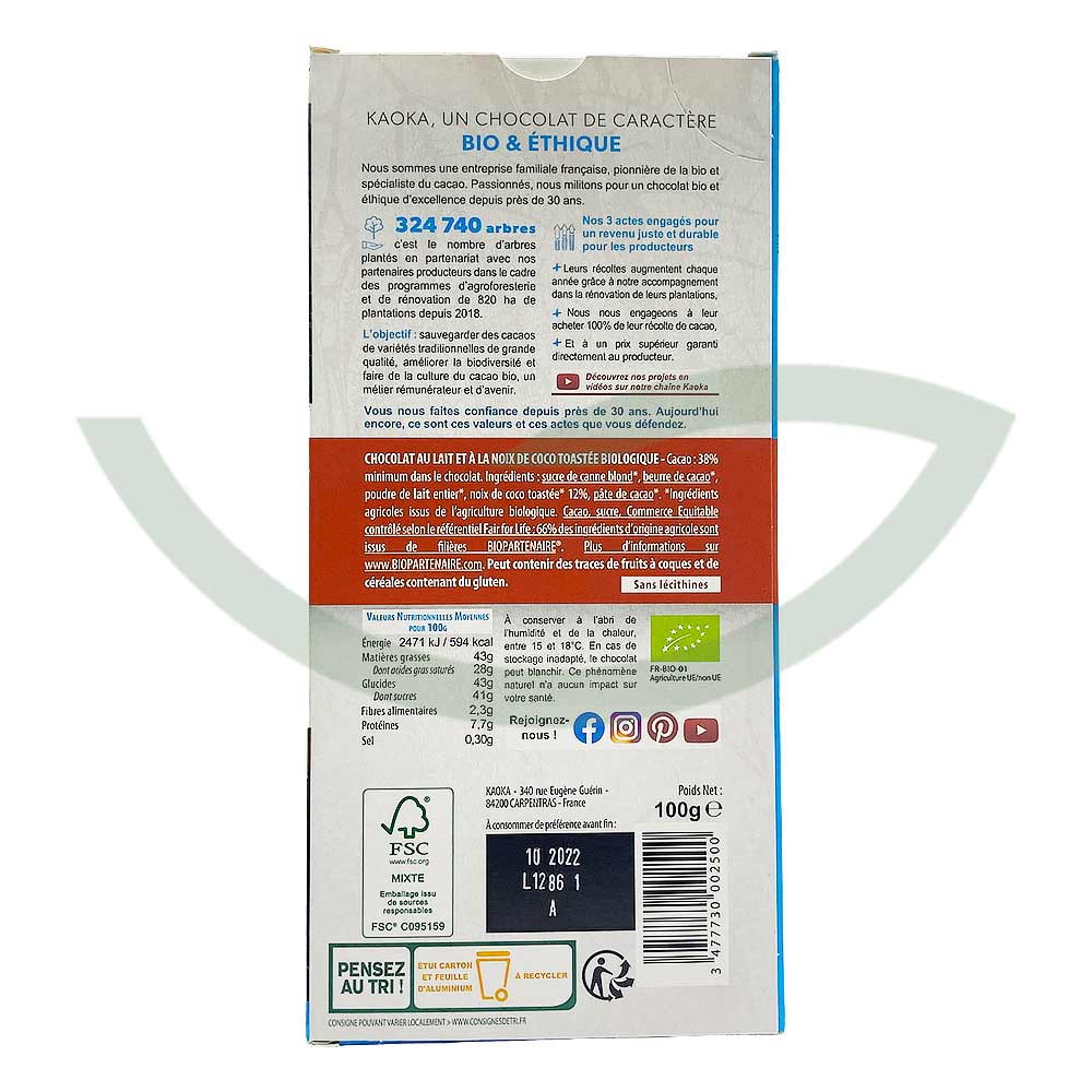 Chocolat lait 38% noix de coco – 100g – Kaoka – Image 2