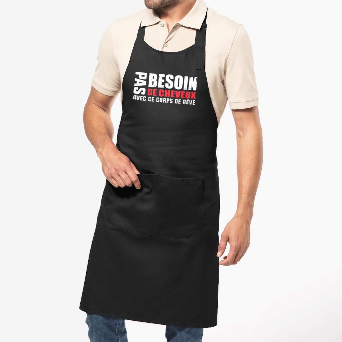 Tablier homme humour « Pas besoin de cheveux » – 100% coton bio – Image 2